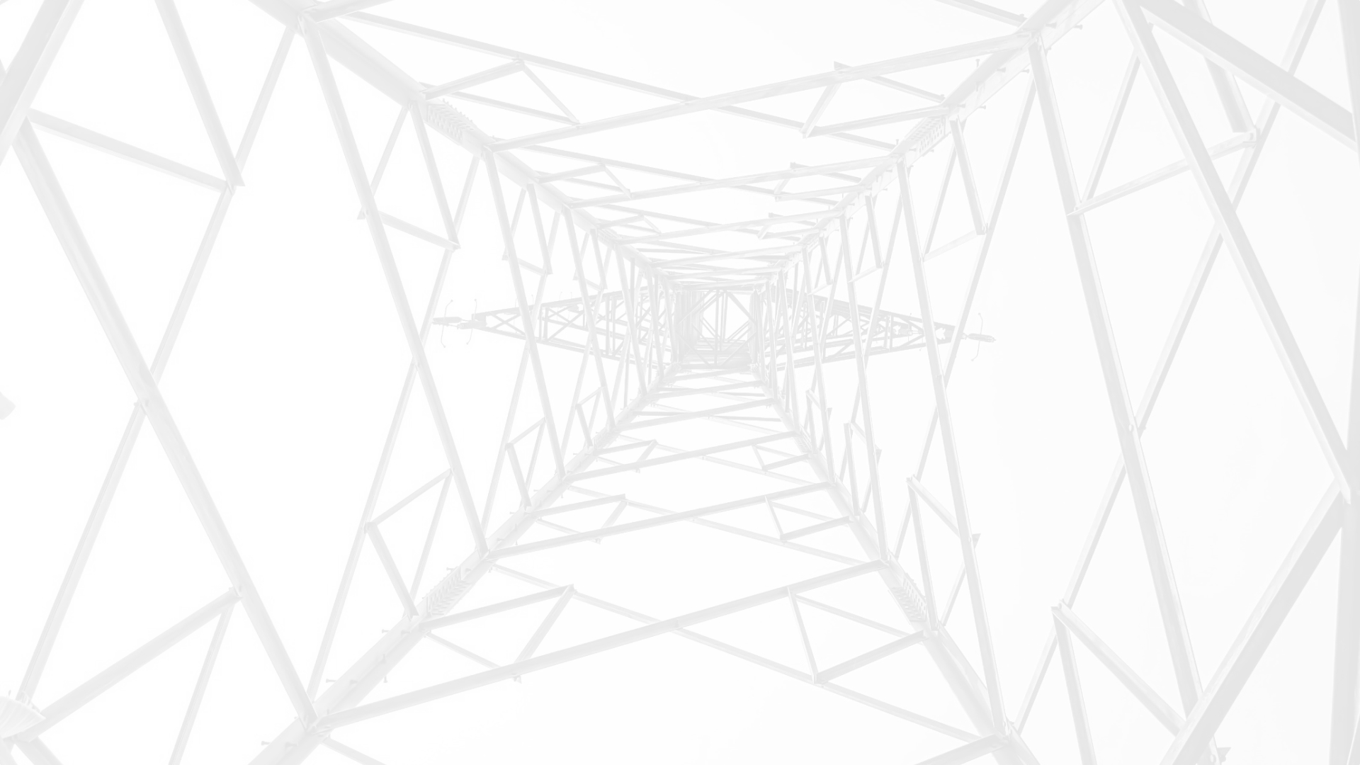 The image features a high-contrast, stylized view of the interior of a metal lattice tower, such as a transmission or communication tower. The perspective is looking directly upward, showcasing the geometric pattern of intersecting beams that form diamond shapes as they extend into the distance. The light gray tones create a minimalist effect, highlighting the structural design of the tower against a stark white background. This abstract representation emphasizes the symmetry and engineering involved in tall metal structures.